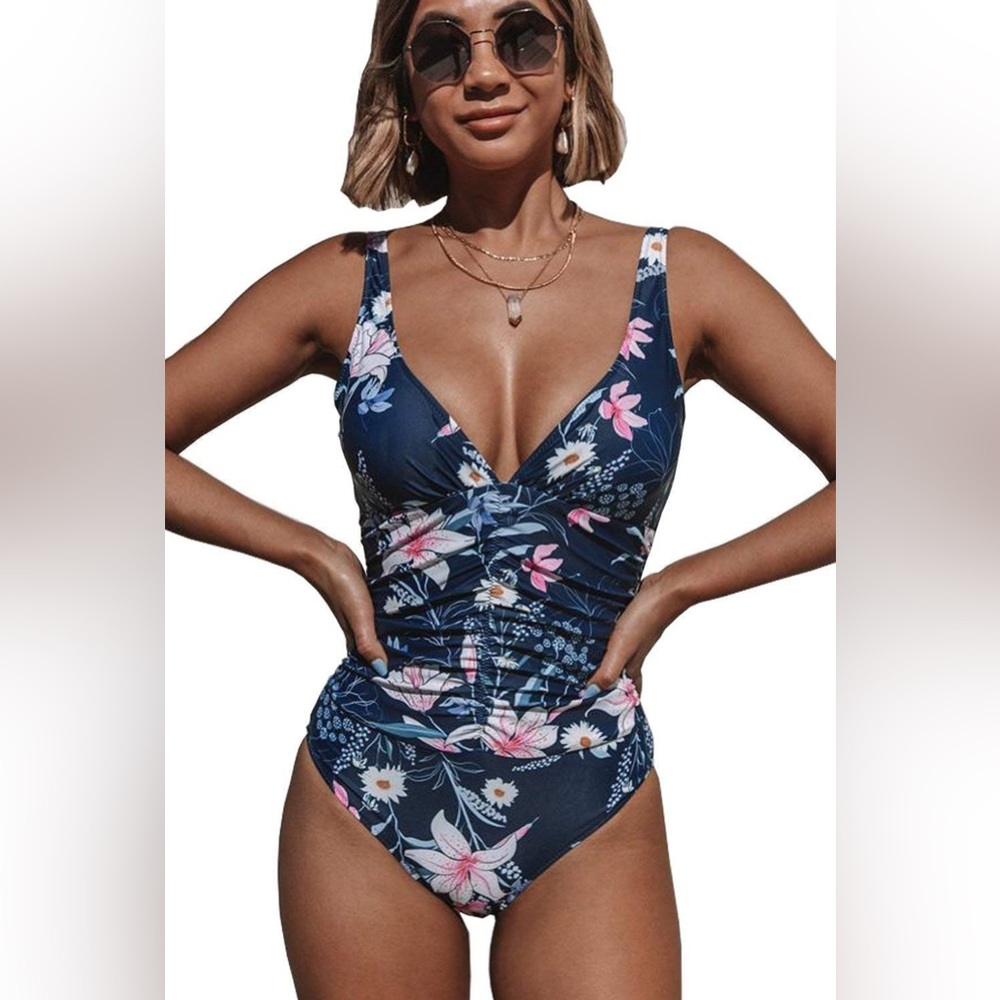 🆕 NWT! Beachsissi Flower Print Ruched One Piece (Navy Blue) - Size S